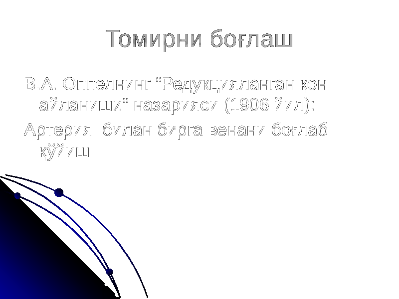 Томирни боғлаш В.А. Оппелнинг “Редукцияланган қон айланиши” назарияси (1906 йил): Артерия билан бирга венани боғлаб қўйиш 