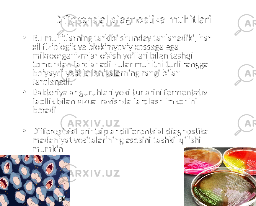 Differensial diagnostika muhitlari • Bu muhitlarning tarkibi shunday tanlanadiki, har xil fiziologik va biokimyoviy xossaga ega mikroorganizmlar o’sish yo’llari bilan tashqi tomondan farqlanadi - ular muhitni turli rangga bo’yaydi yoki koloniyalarning rangi bilan farqlanadi. • Bakteriyalar guruhlari yoki turlarini fermentativ faollik bilan vizual ravishda farqlash imkonini beradi • Differentsial printsiplar differentsial diagnostika madaniyat vositalarining asosini tashkil qilishi mumkin 