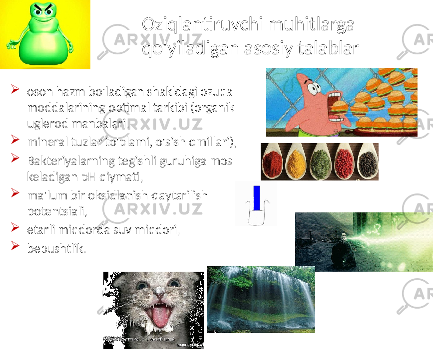 Oziqlantiruvchi muhitlarga qo&#39;yiladigan asosiy talablar  oson hazm bo&#39;ladigan shakldagi ozuqa moddalarining optimal tarkibi (organik uglerod manbalari,  mineral tuzlar to&#39;plami, o&#39;sish omillari),  Bakteriyalarning tegishli guruhiga mos keladigan pH qiymati,  ma&#39;lum bir oksidlanish-qaytarilish potentsiali,  etarli miqdorda suv miqdori,  bepushtlik. 