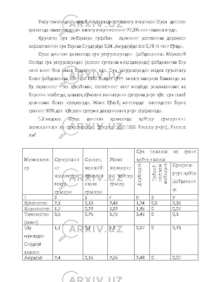 Улар томонидан ишлаб чиқариладиган электр энергияси Орол денгизи ҳавзасида ишлатиладиган электр энергиясининг 27,3% ини ташкил этади. Қурилган сув омборлари туфайли оқимнинг ростланиш даражаси кафолатланган сув бориш Сирдарёда 0,94 ,Амударёда эса 0,78 га тенг бўлди. Орол денгизи ҳавзасида сув ресурсларидан фойдаланиш. Марказий Осиёда сув ресурсларидан (асосан суғориш мақсадларида) фойдаланиш бир неча минг йил аввал бошланган эди. Сув ресурсларидан жадал суръатлар билан фойдаланиш, айниқса 1960 йилдан сўнг амалга оширила бошланди ва бу аҳолининг тез кўпайиши, саноатнинг кенг миқёсда ривожланиши ва биринчи навбатда, қишлоқ хўжалик экинларини суғориш учун кўп сув талаб қилиниши билан изоҳланади. Жами бўлиб, минтақада олинадиган барча сувнинг 90% дан кўпроғи суғорма деҳқончилик учун сарфланади. 1.3-жадвал Орол денгизи ҳавзасида қайтар сувларнинг шаклланиши ва сув ташлаш (ўртача 1990-1999 йиллар учун), йилига км 3 Мамлакатл ар Суғоришни нг коллектор- зовур сувлари Саноат, маиший- хўжалик оқова сувлари Жами шаклланг ан қайтар сувлар Сув ташлаш ва сувни қайта ишлашДарёларга Табиий пастқам ж ойларга Суғориш учун қайта фойдалани ш 1 2 3 4 5 6 7 Қозоғистон 2,3 0,19 2,49 1,24 0,9 0,35 Қирғизистон 1,7 0,22 1,92 1,85 0 0,07 Тожикистон (жами) 3,5 0,25 3,75 3,45 0 0,3 Шу жумладан Сирдарё ҳавзаси 1,1 0,1 1,2 0,97 0 0,23 Амударё 2,4 0,15 2,55 2,48 0 0,07 