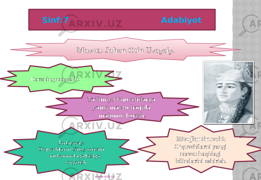 Mavzu: Jahon Otin Uvaysiy. Darsning maqsadi: Tarbiyaviy: O’quvchilarni Xitoy tarixini mukammal egallashga o’rgatish Rivojlantiruvchi : O’quvchilarni yangi mavzu haqidagi bilimlarini oshirish.Ta’limiy:O’quvchilarga yangi mavzu haqida malumot berish. www.aim.uzSinf:7 Adabiyot 01 