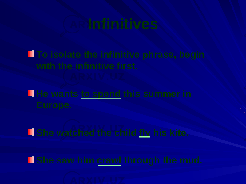 Infinitives To isolate the infinitive phrase, begin with the infinitive first. He wants to spend this summer in Europe. She watched the child fly his kite. She saw him crawl through the mud. 