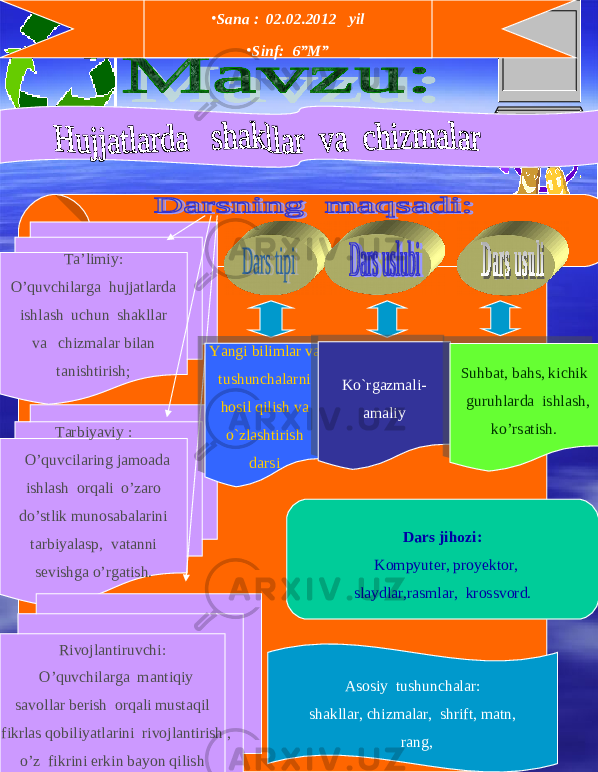 • Sana : 02.02.2012 yil • Sinf: 6”M” Ta’limiy: O’quvchilarga hujjatlarda ishlash uchun shakllar va chizmalar bilan tanishtirish; Tarbiyaviy : O’quvcilaring jamoada ishlash orqali o’zaro do’stlik munosabalarini tarbiyalas р , vatanni sevishga o’rgatish. Rivojlantiruvchi: O’quvchilarga mantiqiy savollar berish orqali mustaqil fikrlas qobiliyatlarini rivojlantirish , o’z fikrini erkin bayon qilish malakalarini hosil qilish. Yangi bilimlar va tushunchalarni hosil qilish va o`zlashtirish darsi Ko`rgazmali- amaliy Suhbat, bahs, kichik guruhlarda ishlash, ko’rsatish. Dars jihozi: Kompyuter, proyektor, slaydlar,rasmlar, krossvord. Asosiy tushunchalar: shakllar, chizmalar, shrift, matn, rang, 25 09 1D 0A 1F 27 1114 290F1D 0C 17 06 