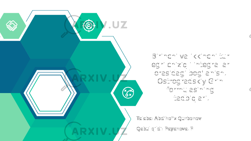 Birinchi va ikkinchi tur egri chiziqli integrallar orasidagi bog&#39;lanish. Ostrogradskiy Grin formulasining tadbiqlari. Talaba: Abdihofiz Qurbonov Qabul qildi: Payanova. F 