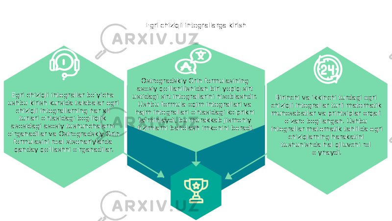 Egri chiziqli integrallarga kirish Birinchi va ikkinchi turdagi egri chiziqli integrallar turli matematik munosabatlar va printsiplar orqali o&#39;zaro bog&#39;langan. Ushbu integrallar matematik tahlilda egri chiziqlarning harakatini tushunishda hal qiluvchi rol o&#39;ynaydi.Ostrogradskiy Grin formulasining asosiy qo&#39;llanilishidan biri yopiq sirt ustidagi sirt integrallarini hisoblashdir. Ushbu formula oqim integrallari va hajm integrallari o&#39;rtasidagi ko&#39;prikni ta&#39;minlaydi, bu murakkab jismoniy tizimlarni baholash imkonini beradi.Egri chiziqli integrallar bo&#39;yicha ushbu kirish kursida talabalar egri chiziqli integrallarning har xil turlari o&#39;rtasidagi bog&#39;liqlik asosidagi asosiy tushunchalarni o&#39;rganadilar va Ostrogradskiy Grin formulasini real stsenariylarda qanday qo&#39;llashni o&#39;rganadilar. 