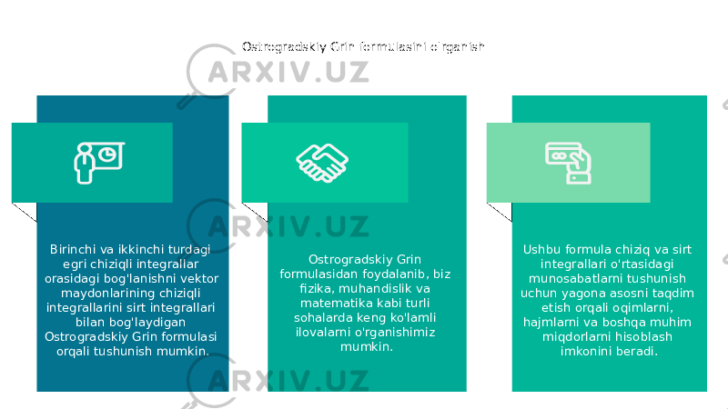 Ostrogradskiy Grin formulasini o&#39;rganish Birinchi va ikkinchi turdagi egri chiziqli integrallar orasidagi bog&#39;lanishni vektor maydonlarining chiziqli integrallarini sirt integrallari bilan bog&#39;laydigan Ostrogradskiy Grin formulasi orqali tushunish mumkin. Ostrogradskiy Grin formulasidan foydalanib, biz fizika, muhandislik va matematika kabi turli sohalarda keng ko&#39;lamli ilovalarni o&#39;rganishimiz mumkin. Ushbu formula chiziq va sirt integrallari o&#39;rtasidagi munosabatlarni tushunish uchun yagona asosni taqdim etish orqali oqimlarni, hajmlarni va boshqa muhim miqdorlarni hisoblash imkonini beradi. 