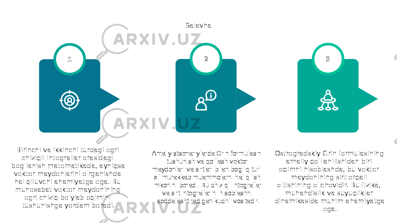 Salavha Birinchi va ikkinchi turdagi egri chiziqli integrallar orasidagi bog&#39;lanish matematikada, ayniqsa vektor maydonlarini o&#39;rganishda hal qiluvchi ahamiyatga ega. Bu munosabat vektor maydonining egri chiziq bo&#39;ylab oqimini tushunishga yordam beradi. 1 Ostrogradskiy Grin formulasining amaliy qo&#39;llanilishidan biri oqimni hisoblashda, bu vektor maydonining sirt orqali o&#39;tishining o&#39;lchovidir. Bu fizika, muhandislik va suyuqliklar dinamikasida muhim ahamiyatga ega. 3 Amaliy stsenariylarda Grin formulasini tushunish va qo&#39;llash vektor maydonlari va sirtlari bilan bog&#39;liq turli xil murakkab muammolarni hal qilish imkonini beradi. Bu chiziqli integrallar va sirt integrallarini hisoblashni soddalashtiradigan kuchli vositadir. 2 