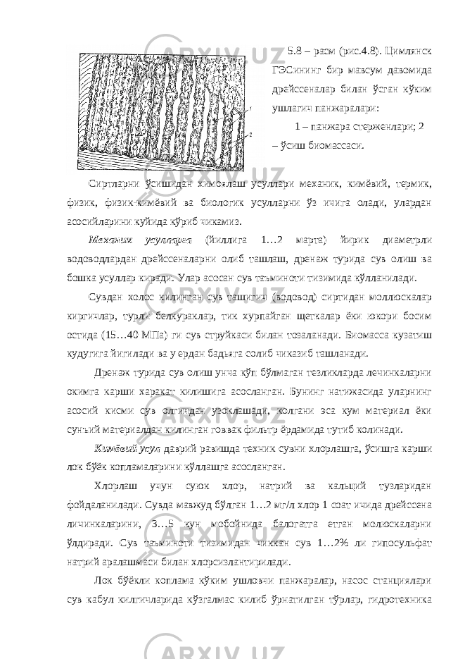 5.8 – расм (рис.4.8). Цимлянск ГЭСининг бир мавсум давомида дрейссеналар билан ўсган кўким ушлагич панжаралари: 1 – панжара стерженлари; 2 – ўсиш биомассаси. Сиртларни ўсишидан химоялаш усуллари механик, кимёвий, термик, физик, физик-кимёвий ва биологик усулларни ўз ичига олади, улардан асосийларини куйида кўриб чикамиз. Механик усулларга (йиллига 1…2 марта) йирик диаметрли водоводлардан дрейссеналарни олиб ташлаш, дренаж турида сув олиш ва бошка усуллар киради. Улар асосан сув таъминоти тизимида кўлланилади. Сувдан холос килинган сув ташигич (водовод) сиртидан моллюскалар киргичлар, турли белкураклар, тик хурпайган щеткалар ёки юкори босим остида (15…40 МПа) ги сув струйкаси билан тозаланади. Биомасса кузатиш кудугига йигилади ва у ердан бадьяга солиб чиказиб ташланади. Дренаж турида сув олиш унча кўп бўлмаган тезликларда лечинкаларни окимга карши харакат килишига асосланган. Бунинг натижасида уларнинг асосий кисми сув олгичдан узоклашади, колгани эса кум материал ёки сунъий материалдан килинган говвак фильтр ёрдамида тутиб колинади. Кимёвий усул даврий равишда техник сувни хлорлашга, ўсишга карши лок бўёк копламаларини кўллашга асосланган. Хлорлаш учун суюк хлор, натрий ва кальций тузларидан фойдаланилади. Сувда мавжуд бўлган 1…2 мг/л хлор 1 соат ичида дрейссена личинкаларини, 3…5 кун мобойнида балогатга етган молюскаларни ўлдиради. Сув таъминоти тизимидан чиккан сув 1…2% ли гипосульфат натрий аралашмаси билан хлорсизлантирилади. Лок бўёкли коплама кўким ушловчи панжаралар, насос станциялари сув кабул килгичларида кўзгалмас килиб ўрнатилган тўрлар, гидротехника 