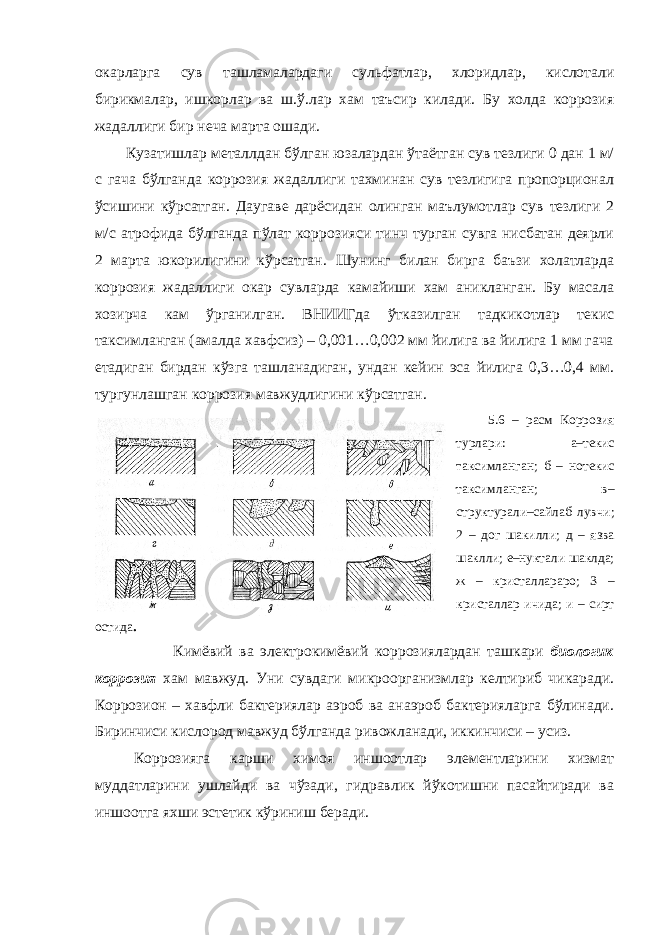 окарларга сув ташламалардаги сульфатлар, хлоридлар, кислотали бирикмалар, ишкорлар ва ш.ў.лар хам таъсир килади. Бу холда коррозия жадаллиги бир неча марта ошади. Кузатишлар металлдан бўлган юзалардан ўтаётган сув тезлиги 0 дан 1 м/ с гача бўлганда коррозия жадаллиги тахминан сув тезлигига пропорционал ўсишини кўрсатган. Даугаве дарёсидан олинган маълумотлар сув тезлиги 2 м/с атрофида бўлганда пўлат коррозияси тинч турган сувга нисбатан деярли 2 марта юкорилигини кўрсатган. Шунинг билан бирга баъзи холатларда коррозия жадаллиги окар сувларда камайиши хам аникланган. Бу масала хозирча кам ўрганилган. ВНИИГда ўтказилган тадкикотлар текис таксимланган (амалда хавфсиз) – 0,001…0,002 мм йилига ва йилига 1 мм гача етадиган бирдан кўзга ташланадиган, ундан кейин эса йилига 0,3…0,4 мм. тургунлашган коррозия мавжудлигини кўрсатган. 5.6 – расм Коррозия турлари: а–текис т аксимланган; б – нотекис таксимланган; в– структурали–сайлаб лувчи; 2 – дог шакилли; д – язва шаклли; е–нуктали шаклда; ж – кристаллараро; 3 – кристаллар ичида; и – сирт остида . Кимёвий ва электрокимёвий коррозиялардан ташкари биологик коррозия хам мавжуд. Уни сувдаги микроорганизмлар келтириб чикаради. Коррозион – хавфли бактериялар аэроб ва анаэроб бактерияларга бўлинади. Биринчиси кислород мавжуд бўлганда ривожланади, иккинчиси – усиз. Коррозияга карши химоя иншоотлар элементларини хизмат муддатларини ушлайди ва чўзади, гидравлик йўкотишни пасайтиради ва иншоотга яхши эстетик кўриниш беради. 