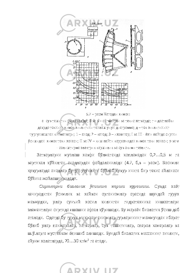 5.7 – расм Катодли химоя: а- сув ташигич (водовод)да; б ва в – сигментли ва текис затворда; г – дастлабки даврда токнинг химоя зичлигини танлаш учун диаграмма; д – ток зичлигининг тургунлашган кийматлари; 1 – анод; 2 – катод; 3 – изолятор; I ва III - ёзги пайтда сиртни ўсишидан химоя токи зонаси; II ва IV – киш пайти коррозиядан химоя токи зонаси;  ва  - солиштирма электрик каршилик ва сув окими тезлиги. Затворларни музлаш хавфи бўлмаганда копламадан 0,2…0,5 м га вертикал кўйилган анодлардан фойдаланилади (4.7, б,в – расм). Босимли кувурларда анодлар бутун узунлиги бўйлаб кувур ичига бир текис айланаси бўйича жойлаштирилади. Сиртларни биологик ўсишига карши курашиш . Сувда хаёт кечирадиган ўсимлик ва хайвон организмлар орасида шундай гурух мавжудки, улар сунъий хосил килинган гидротехника иншоотлари элементлари сиртида яшашни афзал кўришади. Бу жараён биологик ўсиш деб аталади. Одатда бу гурух микроорганизмлар турларининг мажмуидан иборат бўлиб улар панжаралар, затворлар, сув ташигичлар, сперал камералар ва ш.ў.ларга мустахкам ёпишиб олишади. Бундай биологик массанинг зичлиги, айрим холатларда, 20…30 кг/м 2 га етади. 