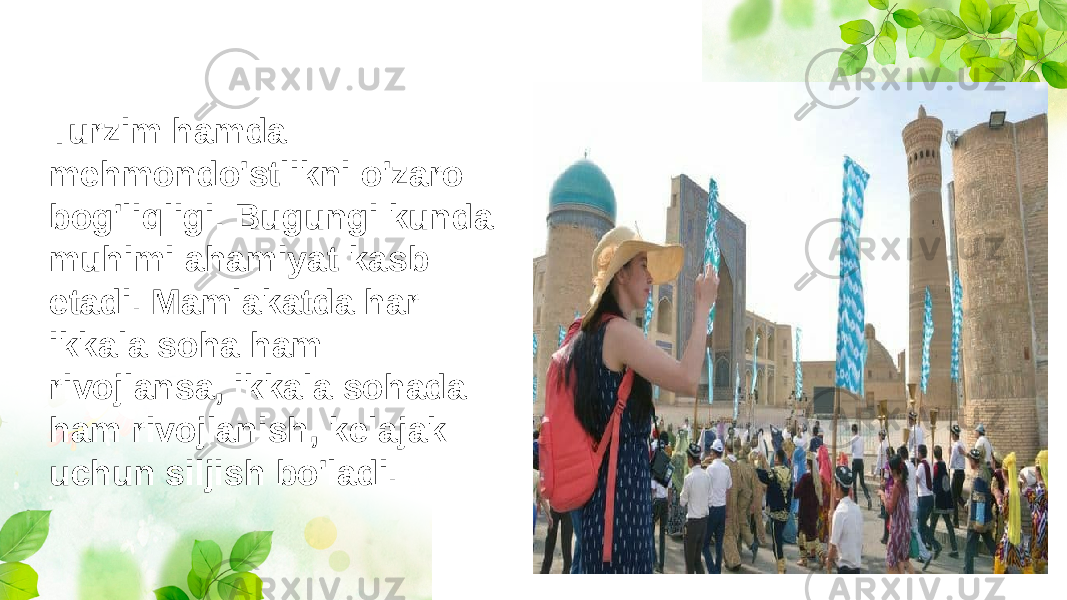 Turzim hamda mehmondo&#39;stlikni o&#39;zaro bog&#39;liqligi. Bugungi kunda muhimi ahamiyat kasb etadi. Mamlakatda har ikkala soha ham rivojlansa, ikkala sohada ham rivojlanish, kelajak uchun siljish bo&#39;ladi. 