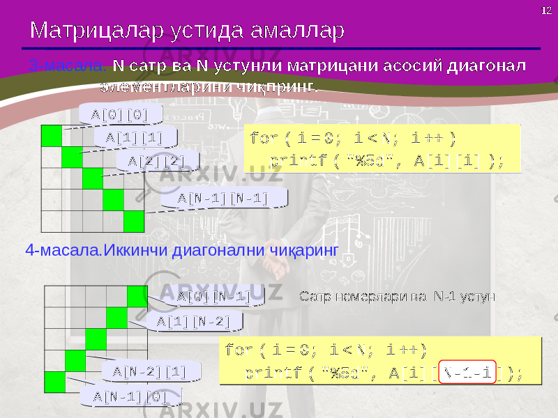 12 Матрицалар устида амаллар 3-масала. N сатр ва N устунли матрицани асосий диагонал элементларини чиқпринг . A[0][N-1]A[0][N-1]A[1][1]A[1][1] A[2][2]A[2][2] A[N-1][N-1]A[N-1][N-1] for ( i = 0; i < N; i ++ ) printf ( &#34;%5d&#34;, A[i][i] );for ( i = 0; i < N; i ++ ) printf ( &#34;%5d&#34;, A[i][i] ); 4-масала.Иккинчи диагонални чиқаринг A[N-1][0]A[N-1][0] A[N-2][1]A[N-2][1] A[1][N-2]A[1][N-2] Сатр номерлари ва N-1 устунA[0][0]A[0][0] for ( i = 0; i < N; i ++) printf ( &#34;%5d&#34;, A[i][ N-1-i ]);for ( i = 0; i < N; i ++) printf ( &#34;%5d&#34;, A[i][ N-1-i ]); N-1-i 