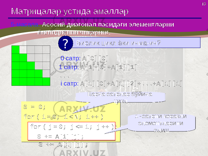 13 Матрицалар устида амаллар 5-масала. Асосий диагонал пасидаги элементларни йиғиндисини чиқаринг. Бирлик цикл ёки ичма-ич ? ? 0 сатр : A[0][0] 1 сатр : A[1][0]+A[1][1] ... i сатр : A[i][0]+A[i][2]+...+A[i][i] S = 0; for ( i = 0; i < N; i ++ ) for ( j = 0; j <= i; j ++ ) S += A[i][j];S = 0; for ( i = 0; i < N; i ++ ) for ( j = 0; j <= i; j ++ ) S += A[i][j]; Барча сатрлар бўйича циклБарча сатрлар бўйича цикл for ( j = 0; j <= i; j ++ ) S += A[i][j];for ( j = 0; j <= i; j ++ ) S += A[i][j]; i - сатрни керакли элементларини олишi - сатрни керакли элементларини олиш 