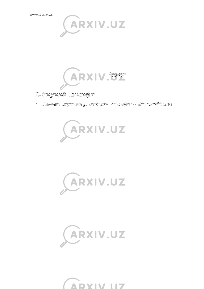 www.arxiv.uz Режа: 1. Умумий тавсифи 2. Типик кушлар кенжа синфи – Neornithes 
