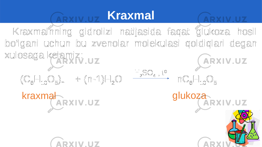 Kraxmal Kraxmalnning gidrolizi natijasida faqat glukoza hosil bo‘lgani uchun bu zvenolar molekulasi qoldiqlari degan xulosaga kelamiz: (C 6 H 10 O 5 ) n nC 6 H 10 O 5 + (n-1)H 2 O H 2 SO 4 , t 0 kraxmal glukoza 
