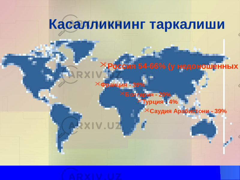 Касалликнинг таркалиши  Россия 54-66% (у недоношенных 75-85%)  Болгария - 20%  Франция - 39%  Турция - 4%  Саудия Арабистони - 39% 