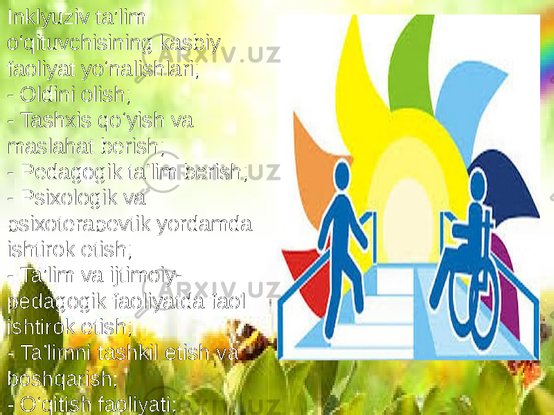 Inklyuziv ta’lim o‘qituvchisining kasbiy faoliyat yo‘nalishlari; - Oldini olish; - Tashxis qo‘yish va maslahat berish; - Pedagogik ta&#39;lim berish; - Psixologik va psixoterapevtik yordamda ishtirok etish; - Ta’lim va ijtimoiy- pedagogik faoliyatda faol ishtirok etish; - Ta’limni tashkil etish va boshqarish; - O‘qitish faoliyati; 