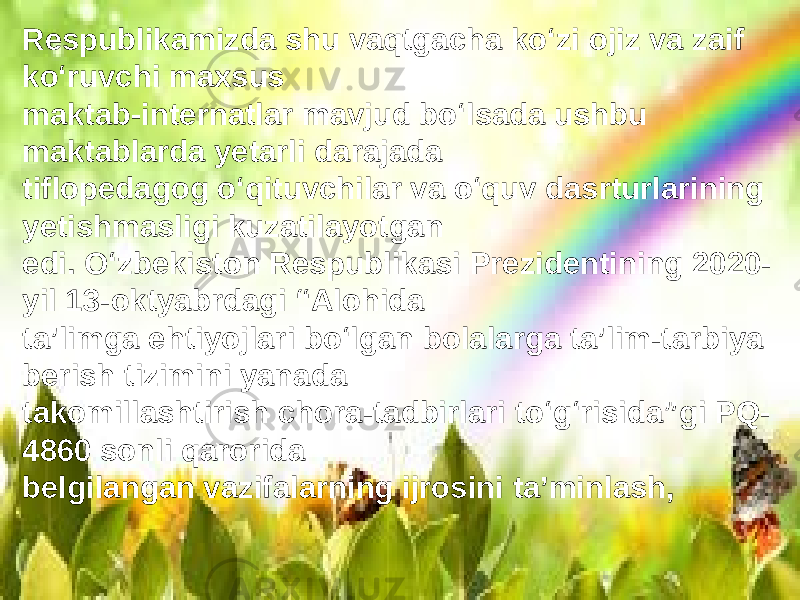 Respublikamizda shu vaqtgacha ko‘zi ojiz va zaif ko‘ruvchi maxsus maktab-internatlar mavjud bo‘lsada ushbu maktablarda yetarli darajada tiflopedagog o‘qituvchilar va o‘quv dasrturlarining yetishmasligi kuzatilayotgan edi. O‘zbekiston Respublikasi Prezidentining 2020- yil 13-oktyabrdagi “Alohida ta’limga ehtiyojlari bo‘lgan bolalarga ta’lim-tarbiya berish tizimini yanada takomillashtirish chora-tadbirlari to‘g‘risida”gi PQ- 4860 sonli qarorida belgilangan vazifalarning ijrosini ta’minlash, 