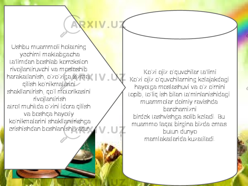 Ko‘zi ojiz o‘quvchilar ta’limi Ko‘zi ojiz o‘quvchilarning kelajakdagi hayotga moslashuvi va o‘z o‘rnini topib, to‘liq ish bilan ta’minlanishidagi muammolar doimiy ravishda barchamizni birdek tashvishga solib keladi. Bu muammo faqat birgina bizda emas butun dunyo mamlakatlarida kuzatiladi. Ushbu muammoli holatning yechimi maktabgacha ta’limdan boshlab korreksion rivojlantiruvchi va moslashib harakatlanish, o‘zo‘ziga xizmat qilish ko‘nikmalarini shakllantirish, qo‘l motorikasini rivojlantirish atrof muhitda o‘zini idora qilish va boshqa hayotiy ko‘nikmalarini shakllantirishga erishishdan boshlanishi zarur. 