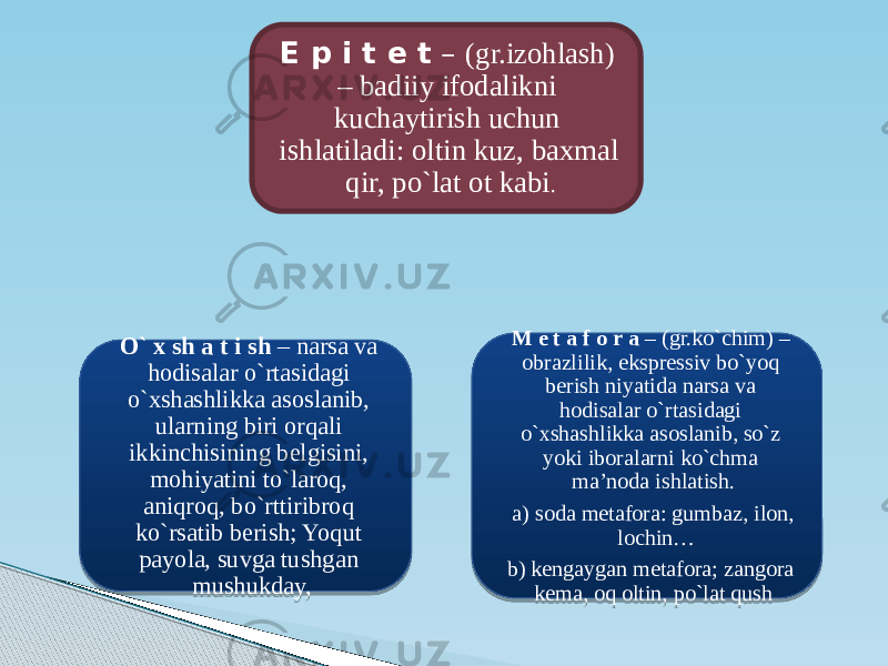 E p i t e t – (gr.izohlash) – badiiy ifodalikni kuchaytirish uchun ishlatiladi: oltin kuz, baxmal qir, po`lat ot kabi . M e t a f o r a – (gr.ko`chim) – obrazlilik, ekspressiv bo`yoq berish niyatida narsa va hodisalar o`rtasidagi o`xshashlikka asoslanib, so`z yoki iboralarni ko`chma ma’noda ishlatish. a) soda metafora: gumbaz, ilon, lochin… b) kengaygan metafora; zangora kema, oq oltin, po`lat qushO` x sh a t i sh – narsa va hodisalar o`rtasidagi o`xshashlikka asoslanib, ularning biri orqali ikkinchisining belgisini, mohiyatini to`laroq, aniqroq, bo`rttiribroq ko`rsatib berish; Yoqut payola, suvga tushgan mushukday, 0F06 03 0B 101809 120B1508060513 0B161106 0A0B240803 1705 03 05 13 10 2418 0C 03 120B 0B 0D 08 17 05 24 27 17 