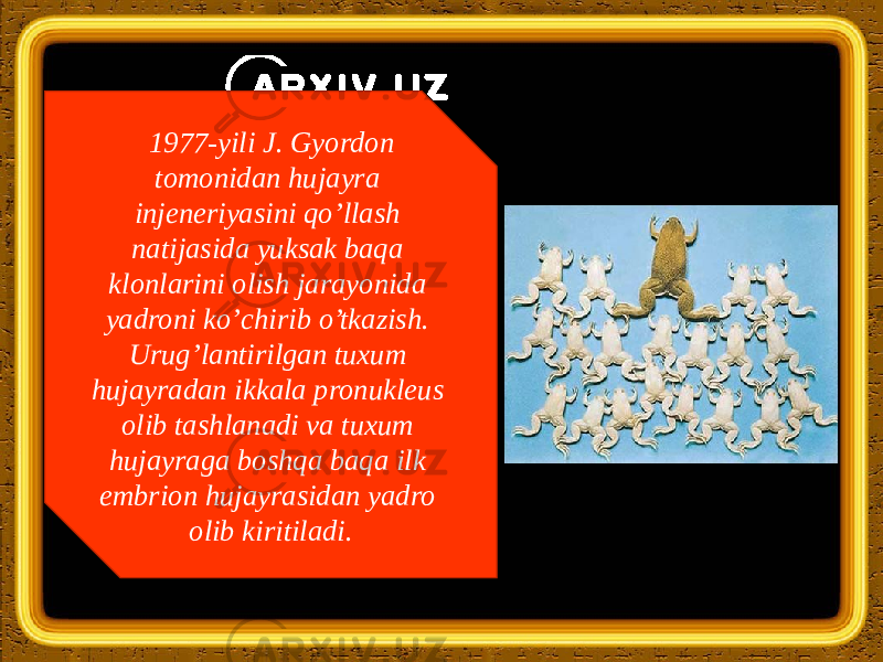 1977-yili J. Gyordon tomonidan hujayra injeneriyasini qo’llash natijasida yuksak baqa klonlarini olish jarayonida yadroni ko’chirib o’tkazish. Urug’lantirilgan tuxum hujayradan ikkala pronukleus olib tashlanadi va tuxum hujayraga boshqa baqa ilk embrion hujayrasidan yadro olib kiritiladi. 