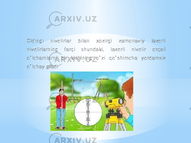 Oldingi nivelirlar bilan xozirgi zamonaviy lazerli nivelirlarning farqi shundaki, lazerli nivelir orqali o`lchamlarni bir kishining o`zi qo`shimcha yordamsiz o`lchay oladi. 