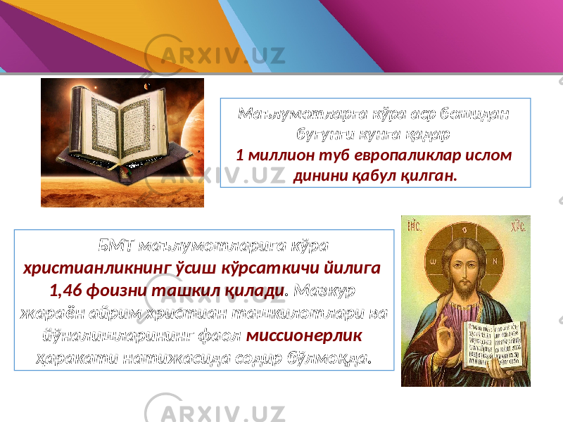 Маълумотларга кўра аср бошидан бугунги кунга қадар 1 миллион туб европаликлар ислом динини қабул қилган. БМТ маълумотларига кўра христианликнинг ўсиш кўрсаткичи йилига 1,46 фоизни ташкил қилади . Мазкур жараён айрим христиан ташкилотлари ва йўналишларининг фаол миссионерлик ҳаракати натижасида содир бўлмоқда. 