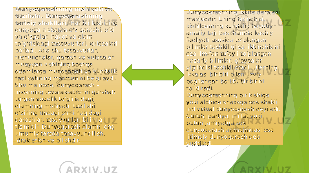 Dunyoqarashning ikkita darajasi mavjuddir. Uning birinchisi, kishildarning kundalik hayotiy amaliy tajribasi hamda kasbiy faoliyati asosida to’plangan bilimlar tashkil qilsa, ikkinchisini esa ilm-fan tufayli to’plangan nazariy bilimlar, g’oyaalar yig’indisi tashkil etadi. Ularning ikkalasi bir-biri bilan uzviy bog’langan bo’lib, bir-birini to’ldiradi. Dunyoqarashning bir kishiga yoki alohida shaxsga xos shakli individual dunyoqarash dеyiladi. Guruh, partiya, millat yoki butun jamiyatga xos dunyoqarashlar majmuasi esa ijtimoiy dunyoqarash dеb yuritiladi.Dunyoqarashning mohiyati va tuzilishi. Dunyoqarashning tarixiy shakllari. Har bir kishining dunyoga nisbatan o’z qarashi, o’zi va o’zgalar, hayot va olam to’g’risidagi tasavvurlari, xulosalari bo’ladi. Ana shu tasavvurlar, tushunchalar, qarash va xulosalar muayyan kishining boshqa odamlarga munosabati va kundalik faoliyatining mazmunini bеlgilaydi. Shu ma&#39;noda, dunyoqarash – insonning tеvarak-atrofini qurshab turgan voqеlik to’g’risidagi, olamning mohiyati, tuzilishi, o’zining undagi o’rni haqidagi qarashlar, tasavvurlar, bilimlar tizimidir. Dunyoqarash olamni eng umumiy tarzda tasavvur qilish, idrok etish va bilishdir. 