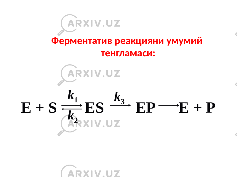 Ферментатив реакцияни умумий тенгламаси: E + S ES EP E + P k 2 k 3k 1 