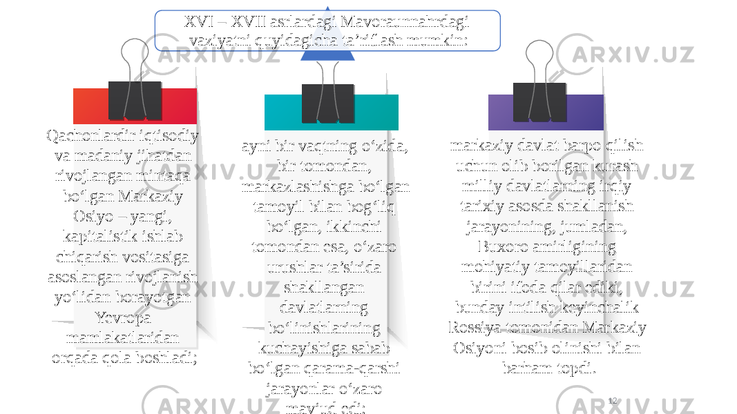 Qachonlardir iqtisodiy va madaniy jihatdan rivojlangan mintaqa bo‘lgan Markaziy Osiyo – yangi, kapitalistik ishlab chiqarish vositasiga asoslangan rivojlanish yo‘lidan borayotgan Yevropa mamlakatlaridan orqada qola boshladi; ayni bir vaqtning o‘zida, bir tomondan, markazlashishga bo‘lgan tamoyil bilan bog‘liq bo‘lgan, ikkinchi tomondan esa, o‘zaro urushlar ta’sirida shakllangan davlatlarning bo‘linishlarining kuchayishiga sabab bo‘lgan qarama-qarshi jarayonlar o‘zaro mavjud edi; markaziy davlat barpo qilish uchun olib borilgan kurash milliy davlatlarning irqiy tarixiy asosda shakllanish jarayonining, jumladan, Buxoro amirligining mohiyatiy tamoyillaridan birini ifoda qilar ediki, bunday intilish keyinchalik Rossiya tomonidan Markaziy Osiyoni bosib olinishi bilan barham topdi. 12XVI – XVII asrlardagi Mavoraunnahrdagi vaziyatni quyidagicha ta’riflash mumkin: 