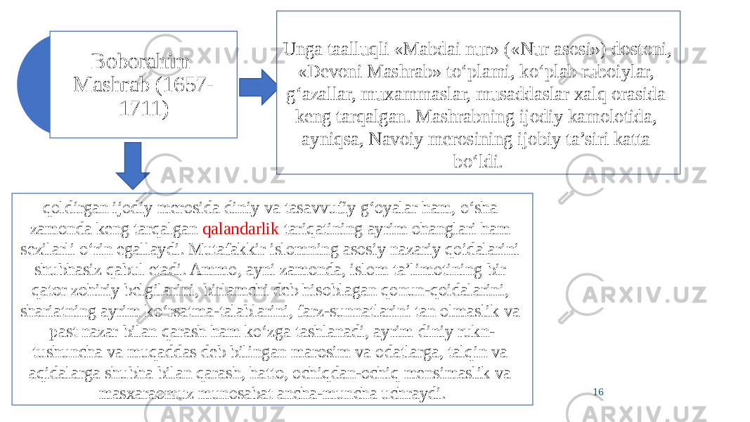 Boborahim Mashrab (1657- 1711) Unga taalluqli «Mabdai nur» («Nur asosi») dostoni, «Devoni Mashrab» to‘plami, ko‘plab ruboiylar, g‘azallar, muxammaslar, musaddaslar xalq orasida keng tarqalgan. Mashrabning ijodiy kamolotida, ayniqsa, Navoiy merosining ijobiy ta’siri katta bo‘ldi. qoldirgan ijodiy merosida diniy va tasavvufiy g‘oyalar ham, o‘sha zamonda keng tarqalgan qalandarlik tariqatining ayrim ohanglari ham sezilarli o‘rin egallaydi. Mutafakkir islomning asosiy nazariy qoidalarini shubhasiz qabul etadi. Ammo, ayni zamonda, islom ta’limotining bir qator zohiriy belgilarini, birlamchi deb hisoblagan qonun-qoidalarini, shariatning ayrim ko‘rsatma-talablarini, farz-sunnatlarini tan olmaslik va past nazar bilan qarash ham ko‘zga tashlanadi, ayrim diniy rukn- tushuncha va muqaddas deb bilingan marosim va odatlarga, talqin va aqidalarga shubha bilan qarash, hatto, ochiqdan-ochiq mensimaslik va masxaraomuz munosabat ancha-muncha uchraydi. 16 