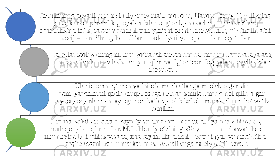 Jadidlarning deyarli barchasi oliy diniy ma’lumot olib, Navoiy Jomiy, Fuzuliyning yuksak insonparvarlik g‘oyalari bilan sug‘orilgan asarlari, o‘rta asr Sharq mutafakkirlarining falsafiy qarashlariningta’siri ostida tarbiyalanib, o‘z intellektini xorij – ham Sharq, ham G’arb madaniyati yutuqlari bilan boyitdilar. Jadidlar faoliyatining muhim yo‘nalishlaridan biri islomni modernizatsiyalash, uni bid’atlardan tozalash, fan yutuqlari va ilg‘or texnologiyalarni egallashdan iborat edi. Ular islomning mohiyatini o‘z manfaatlariga moslab olgan din namoyandalarini qattiq tanqid ostiga oldilar hamda dinni qurol qilib olgan siyosiy o‘yinlar qanday og‘ir oqibatlarga olib kelishi mumkinligini ko‘rsatib berdilar. Ular marksistik falsafani xayoliy va turkistonliklar uchun yaroqsiz hisoblab, mutlaqo qabul qilmadilar. M.Behbudiy o‘zining «Xayr - ul umuri avsatuho» maqolasida birinchi navbatda, xususiy mulkchilikni inkor qilgani va dinsizlikni targ‘ib etgani uchun marksizm va sotsializmga salbiy ta’rif beradi. 26 