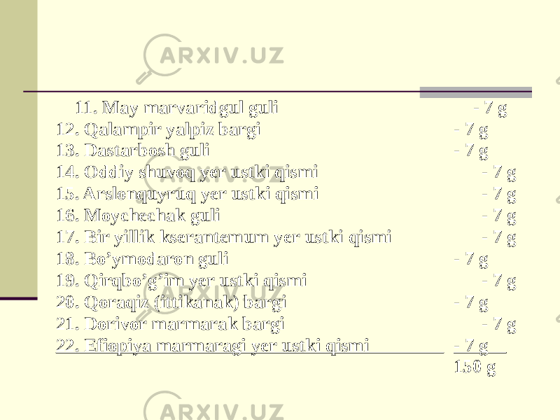 11. May marvaridgul guli - 7 g 12. Qalampir yalpiz bargi - 7 g 13. Dastarbosh guli - 7 g 14. Oddiy shuvoq yеr ustki qismi - 7 g 15. Arslonquyruq yеr ustki qismi - 7 g 16. Moychеchak guli - 7 g 17. Bir yillik ksеrantеmum yеr ustki qismi - 7 g 18. Bo’ymodaron guli - 7 g 19. Qirqbo’g’im yеr ustki qismi - 7 g 20. Qoraqiz (ittikanak) bargi - 7 g 21. Dorivor marmarak bargi - 7 g 22. Efiopiya marmaragi yеr ustki qismi - 7 g 150 g 