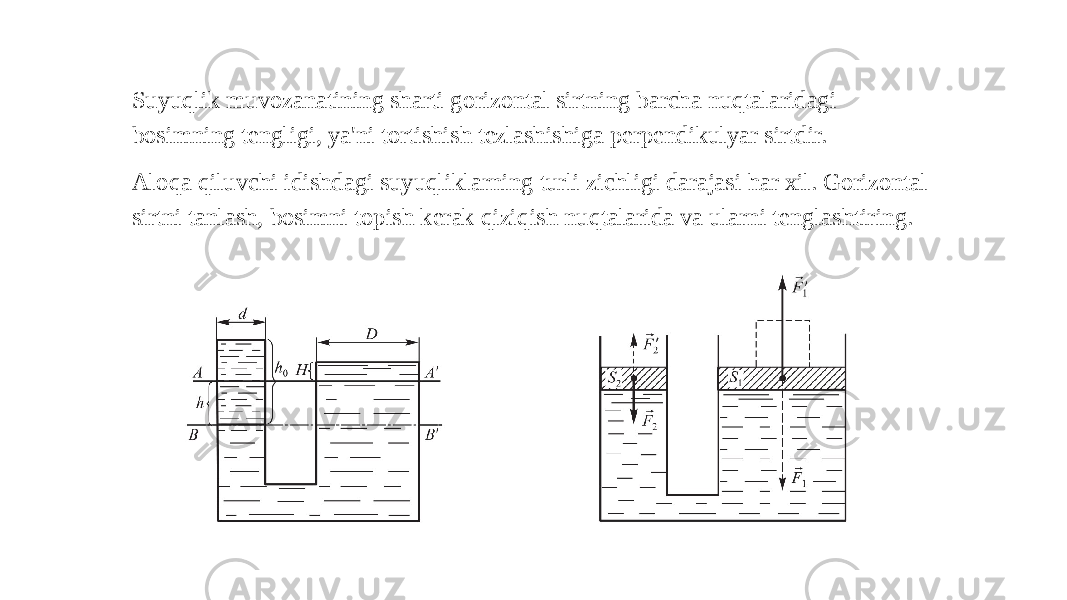 Suyuqlik muvozanatining sharti gorizontal sirtning barcha nuqtalaridagi bosimning tengligi, ya&#39;ni tortishish tezlashishiga perpendikulyar sirtdir. Aloqa qiluvchi idishdagi suyuqliklarning turli zichligi darajasi har xil. Gorizontal sirtni tanlash, bosimni topish kerak qiziqish nuqtalarida va ularni tenglashtiring. 