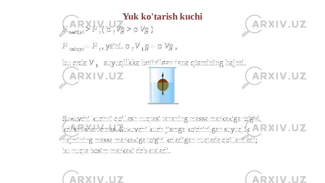 Yuk ko&#39;tarish kuchi F tashqari > F t (  f Vg >  Vg ) F tashqari = F t , ya&#39;ni.  f V 1 g =  Vg , bu erda V 1 - suyuqlikka botirilgan tana qismining hajmi. Suzuvchi kuchni qo&#39;llash nuqtasi tananing massa markaziga to&#39;g&#39;ri kelishi shart emas. Suzuvchi kuch jismga ko&#39;chirilgan suyuqlik hajmining massa markaziga to&#39;g&#39;ri keladigan nuqtada qo&#39;llaniladi; bu nuqta bosim markazi deb ataladi. 