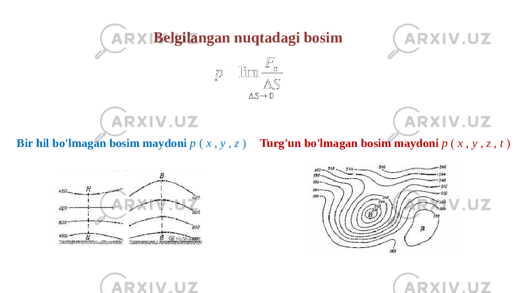 Belgilangan nuqtadagi bosim Bir hil bo&#39;lmagan bosim maydoni p ( x , y , z ) Turg&#39;un bo&#39;lmagan bosim maydoni p ( x , y , z , t )n 0 lim S р F S     