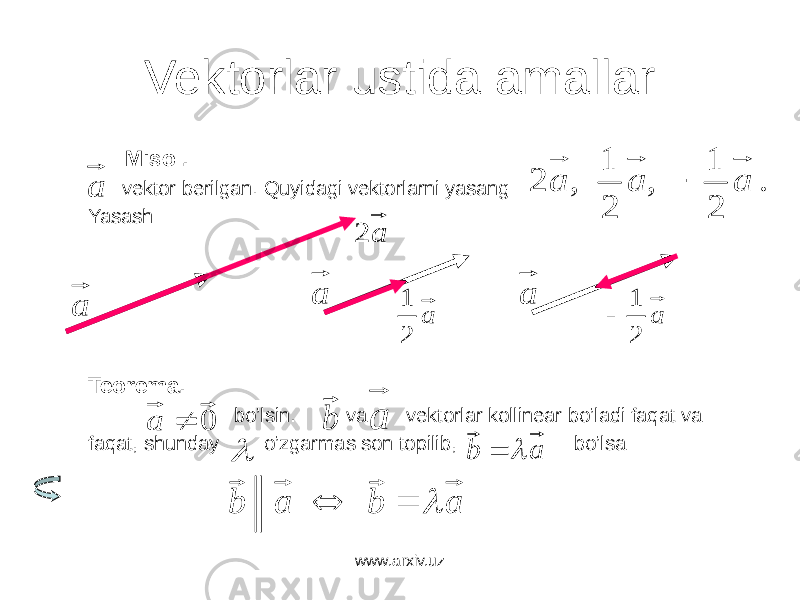 Vektorlar ustida amallar Misol. vektor berilgan. Quyidagi vektorlarni yasang: Yasash: Teorema. bo’lsin. va vektorlar kollinear bo’ladi faqat va faqat, shunday o’zgarmas son topilib, bo’lsa www.arxiv.uza . 2 1 , 2 1 , 2 a a a  a a a a 2 a 2 1 a 2 1  0  a a b a b    a b  a b   