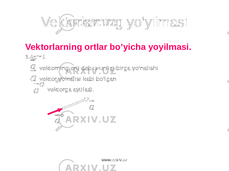 Vektorlarning yo’yilmasi Vektorlarning ortlar bo’yicha yoyilmasi. 1-ta’rif. vektorning orti deb uzunligi birga yo’nalishi vektor yo’nalisi kabi bo’lgan vektorga aytiladi. www.arxiv.uzo a a a a o a 