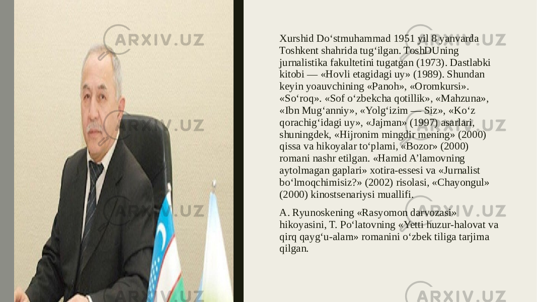 Xurshid Do‘stmuhammad 1951 yil 8 yanvarda Toshkent shahrida tug‘ilgan. ToshDUning jurnalistika fakultetini tugatgan (1973). Dastlabki kitobi — «Hovli etagidagi uy» (1989). Shundan keyin yoauvchining «Panoh», «Oromkursi». «So‘roq». «Sof o‘zbekcha qotillik», «Mahzuna», «Ibn Mug‘anniy», «Yolg‘izim — Siz», «Ko‘z qorachig‘idagi uy», «Jajman» (1997) asarlari, shuningdek, «Hijronim mingdir mening» (2000) qissa va hikoyalar to‘plami, «Bozor» (2000) romani nashr etilgan. «Hamid A’lamovning aytolmagan gaplari» xotira-essesi va «Jurnalist bo‘lmoqchimisiz?» (2002) risolasi, «Chayongul» (2000) kinostsenariysi muallifi. A. Ryunoskening «Rasyomon darvozasi» hikoyasini, T. Po‘latovning «Yetti huzur-halovat va qirq qayg‘u-alam» romanini o‘zbek tiliga tarjima qilgan.Antuan de Sent Ekzyuperi 