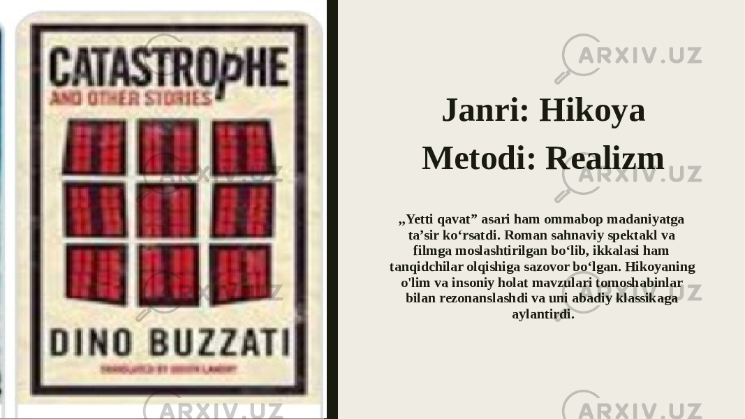 Janri: Hikoya Metodi: Realizm ,,Yetti qavat” asari ham ommabop madaniyatga ta’sir ko‘rsatdi. Roman sahnaviy spektakl va filmga moslashtirilgan bo‘lib, ikkalasi ham tanqidchilar olqishiga sazovor bo‘lgan. Hikoyaning o&#39;lim va insoniy holat mavzulari tomoshabinlar bilan rezonanslashdi va uni abadiy klassikaga aylantirdi. 