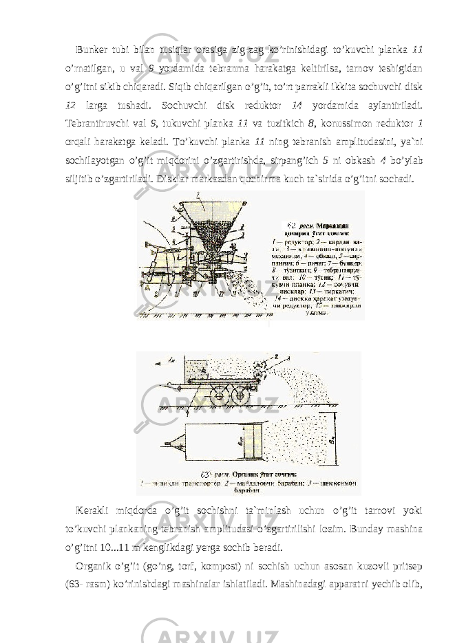 Bunker tubi bilan tusiqlar orasiga zig-zag ko’rinishidagi to’kuvchi planka 11 o’rnatilgan, u val 9 yordamida tebranma harakatga keltirilsa, tarnov teshigidan o’g’itni sikib chiqaradi. Siqib chiqarilgan o’g’it, to’rt parrakli ikkita sochuvchi disk 12 larga tushadi. Sochuvchi disk reduktor 14 yordamida aylantiriladi. Tebrantiruvchi val 9 , tukuvchi planka 11 va tuzitkich 8 , konussimon reduktor 1 orqali harakatga keladi. To’kuvchi planka 11 ning tebranish amplitudasini, ya`ni sochilayotgan o’g’it miqdorini o’zgartirishda, sirpan g’ich 5 ni obkash 4 bo’ylab siljitib o’zgartiriladi. Disklar markazdan qochirma kuch ta`sirida o’g’itni sochadi. Kerakli miqdorda o’g’it sochishni ta`minlash uchun o’g’it tarnovi yoki to’kuvchi plankaning tebranish amplitudasi o’zgartirilishi lozim. Bunday mashina o’g’itni 10...11 m kenglikdagi yerga sochib beradi. Organik o’g’it (go’ng, torf, kompost) ni sochish uchun asosan kuzovli pritsep (63- rasm) ko’rinishdagi mashinalar ishlatiladi. Mashinadagi apparatni yechib olib, 