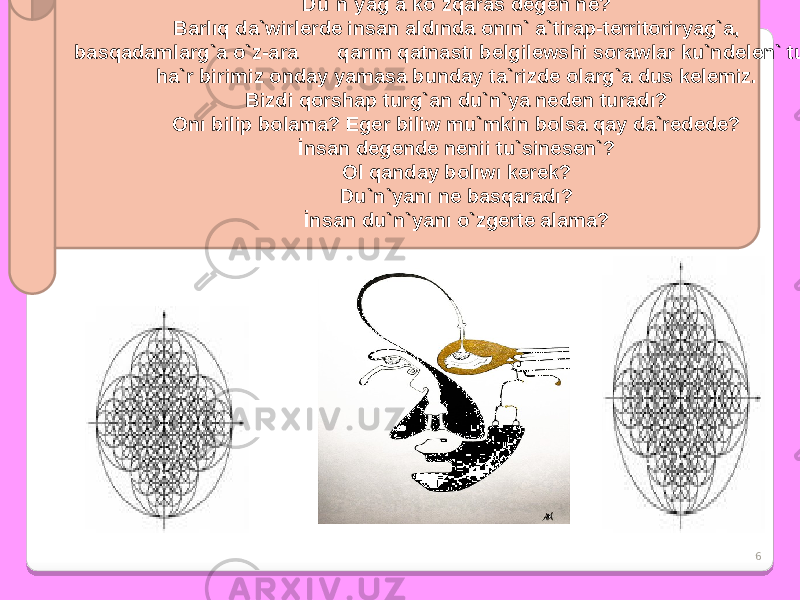 6Du`n`yag`a ko`zqaras degen ne? Barlıq da`wirlerde insan aldında onın` a`tirap-territoriryag`a, basqadamlarg`a o`z-ara qarım qatnastı belgilewshi sorawlar ku`ndelen` turadı: ha`r birimiz onday yamasa bunday ta`rizde olarg`a dus kelemiz. Bizdi qorshap turg`an du`n`ya neden turadı? Onı bilip bolama? Eger biliw mu`mkin bolsa qay da`redede? İnsan degende nenii tu`sinesen`? Ol qanday bolıwı kerek? Du`n`yanı ne basqaradı? İnsan du`n`yanı o`zgerte alama? 