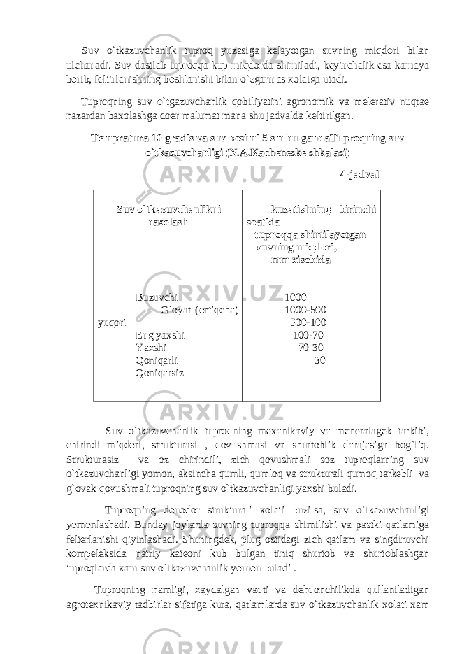  Suv o`tkazuvchanlik tuproq yuzasiga kelayotgan suvning miqdori bilan ulchanadi. Suv dastlab tuproqqa kup miqdorda shimiladi, keyinchalik esa kamaya borib, feltirlanishning boshlanishi bilan o`zgarmas xolatga utadi. Tuproqning suv o`tgazuvchanlik qobiliyatini agronomik va melerativ nuqtae nazardan baxolashga doer malumat mana shu jadvalda keltirilgan. Tempratura 10 gradis va suv bosimi 5 sm bulgandaTuproqning suv o`tkazuvchanligi (N.A.Kacheneske shkalasi) 4 -jadval Suv o`tkazuvchanlikni baxolash kuzatishning birinchi soatida tuproqqa shimilayotgan suvning miqdori, mm xisobida Buzuvchi G ` oyat ( ortiqcha ) yuqori Eng yaxshi Yaxshi Qoniqarli Qoniqarsiz 1000 1000-500 500-100 100-70 70-30 30 Suv o`tkazuvchanlik tuproqning mexanikaviy va meneralagek tarkibi, chirindi miqdori, strukturasi , qovushmasi va shurtoblik darajasiga bog`liq. Strukturasiz va oz chirindili, zich qovushmali soz tuproqlarning suv o`tkazuvchanligi yomon, aksincha qumli, qumloq va strukturali qumoq tarkebli va g`ovak qovushmali tuproqning suv o`tkazuvchanligi yaxshi buladi. Tuproqning donodor strukturali xolati buzilsa, suv o`tkazuvchanligi yomonlashadi. Bunday joylarda suvning tuproqqa shimilishi va pastki qatlamiga felterlanishi qiyinlashadi. Shuningdek, plug ostidagi zich qatlam va singdiruvchi kompeleksida natriy kateoni kub bulgan tiniq shurtob va shurtoblashgan tuproqlarda xam suv o`tkazuvchanlik yomon buladi . Tuproqning namligi, xaydalgan vaqti va dehqonchilikda qullaniladigan agrotexnikaviy tadbirlar sifatiga kura, qatlamlarda suv o`tkazuvchanlik xolati xam 