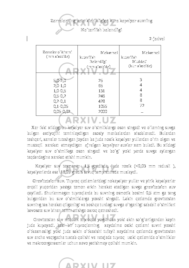 Zarralarning kata kichikligiga kura kapelyar suvning Ko`tarilish balandligi 2-jadval Zarralar o`lchami (mm xisobida) Maksemal kutarilish Balandligi (mm xisobida ) Maksemal kutarilish Muddati (kun xisobida) 5,0-2,0 2,0-1,0 1,0-0,5 0,5-0,2 0,2-0,1 0,1-0,05 0,05-0,02 25 65 131 246 428 1055 2000 3 4 4 8 8 72 _ Xar ikki xildagi bu kapelyar suv o`simliklarga oson singadi va o`larning suvga bulgan extiyojini taminlaydigan asosiy manbalardan xisoblanadi. Bulardan tashqari, zarralar tutashgan joydan ba juda nozik kapelyar yullardan o`rin olgan va mustaqil xarakat etmaydigan ajralgan kapelyar suvlar xam buladi. Bu xildagi kapelyar suv o`simlikga oson singadi va bo`g` yoki parda suvga aylangan taqderdagina xarakat etishi mumkin. Kapelyar suv taxmenan -1,5 gradisda, juda nozik (<0,03 mm radusli ), kapelyarlarda esa -18,05 gradis savuq tempraturada muzlaydi. Gravitatsion suv . Tuproq qatlamlaridagi nokapelyar yullar va yirik kapelyarlar orqali yuqoridan pastga tomon erkin harakat etadigan suvga gravitatsion suv qeyiladi. Shurlanmagan tuproqlarda bu suvning osmotik bosimi 0,5 atm ga teng bulganidan bu suv o`simliklarga yaxshi singadi. Lekin qatlamda gravitatsion suvning tez harakat qilganligi va boshqa turdagi suvga o`tganligi sababli o`simlikni bevoseta suv binan tamin etishga ozroq qatnashadi. Gravitatsion suv miqdori tuproqda yog`indan yoki ekin so`g`orilgandan keyin juda kupayadi. bazi bir tuproqlarning xaydalma ostki qatlami suvni yaxshi o`tkazmasligi yoki juda sekin o`tkazishi tufayli xaydalma qatlamda gravitatsion suv ancha vaqtgacha tuxtab qolishi va natejada tuproq ustki qatlamida o`simliklar va mekroorganezmlar uchun xavo yetishmay qolishi mumkin. 