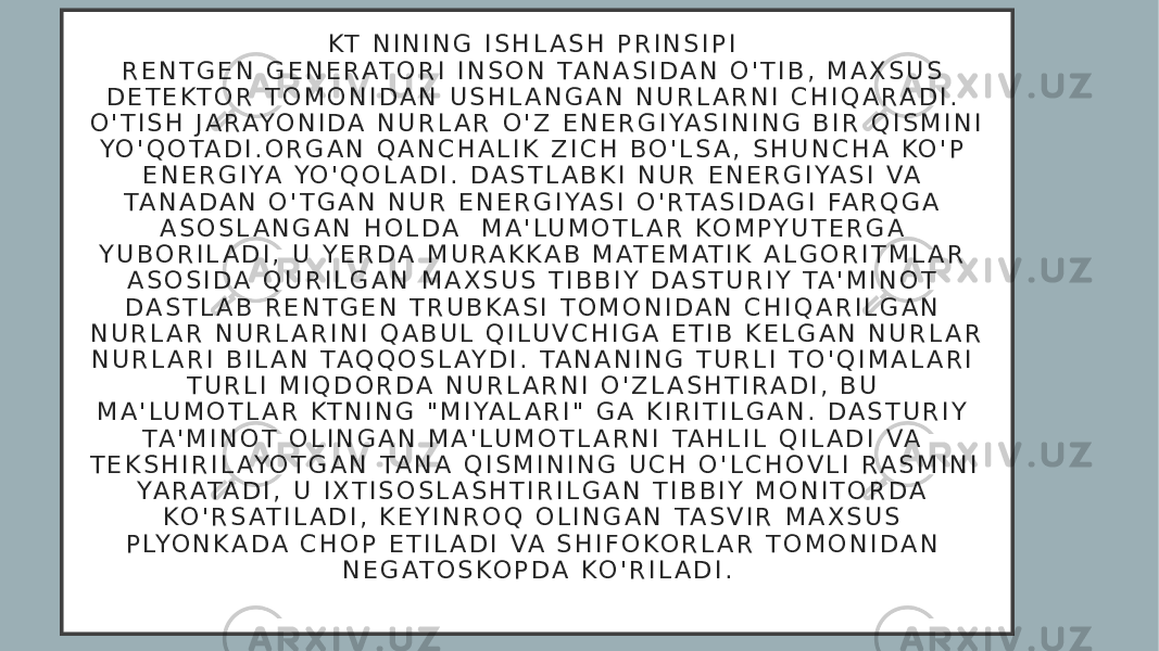 KT N I N I N G I S H L A S H P R I N S I P I R E N T G E N G E N E R AT O R I I N S O N TA N A S I D A N O &#39; T I B , M A X S U S D E T E KT O R T O M O N I D A N U S H L A N G A N N U R L A R N I C H I Q A R A D I . O &#39; T I S H J A R AYO N I D A N U R L A R O &#39; Z E N E R G I YA S I N I N G B I R Q I S M I N I YO &#39; Q O TA D I . O R G A N Q A N C H A L I K Z I C H B O &#39; L S A , S H U N C H A KO &#39; P E N E R G I YA YO &#39; Q O L A D I . D A S T L A B K I N U R E N E R G I YA S I VA TA N A D A N O &#39; T G A N N U R E N E R G I YA S I O &#39; RTA S I D A G I FA R Q G A A S O S L A N G A N H O L D A M A &#39; LU M O T L A R KO M P Y U T E R G A Y U B O R I L A D I , U Y E R D A M U R A K K A B M AT E M AT I K A L G O R I T M L A R A S O S I D A Q U R I L G A N M A X S U S T I B B I Y D A S T U R I Y TA &#39; M I N O T D A S T L A B R E N T G E N T R U B K A S I T O M O N I D A N C H I Q A R I L G A N N U R L A R N U R L A R I N I Q A B U L Q I LU V C H I G A E T I B K E L G A N N U R L A R N U R L A R I B I L A N TA Q Q O S L AY D I . TA N A N I N G T U R L I T O &#39; Q I M A L A R I T U R L I M I Q D O R D A N U R L A R N I O &#39; Z L A S H T I R A D I , B U M A &#39; LU M O T L A R KT N I N G &#34; M I YA L A R I &#34; G A K I R I T I L G A N . D A S T U R I Y TA &#39; M I N O T O L I N G A N M A &#39; LU M O T L A R N I TA H L I L Q I L A D I VA T E K S H I R I L AYO T G A N TA N A Q I S M I N I N G U C H O &#39; L C H O V L I R A S M I N I YA R ATA D I , U I X T I S O S L A S H T I R I L G A N T I B B I Y M O N I T O R D A KO &#39; R S AT I L A D I , K E Y I N R O Q O L I N G A N TA S V I R M A X S U S P LYO N K A D A C H O P E T I L A D I VA S H I F O KO R L A R T O M O N I D A N N E G AT O S KO P D A KO &#39; R I L A D I . 