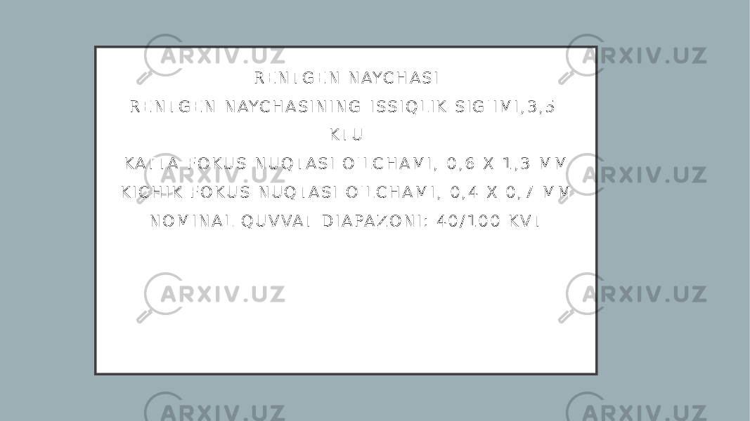 R E N T G E N N AYC H A S I R E N T G E N N AYC H A S I N I N G I S S I Q L I K S I G &#39; I M I , 3 , 5 KT U K AT TA F O K U S N U Q TA S I O &#39; L C H A M I , 0 , 6 X 1 , 3 M M K I C H I K F O K U S N U Q TA S I O &#39; L C H A M I , 0 , 4 X 0 , 7 M M N O M I N A L Q U V VAT D I A PA Z O N I : 4 0 / 1 0 0 K V T 