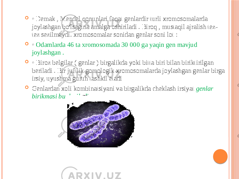  • Demak , Mendel qonunlari faqat genlardir turli xromosomalarda joylashgan bo&#39;lsagina amalga oshiriladi . Biroq , mustaqil ajralish tez- tez sezilmaydi. xromosomalar sonidan genlar soni lot :  • Odamlarda 46 ta xromosomada 30 000 ga yaqin gen mavjud joylashgan .  • Biroz belgilar ( genlar ) birgalikda yoki bitta biri bilan biriktirilgan beriladi . Bir juftlik gomologik xromosomalarda joylashgan genlar birga irsiy, uyushma guruh tashkil etadi  Genlardan xoli kombinatsiyani va birgalikda cheklash irsiyat genlar birikmasi bu deyiladi 