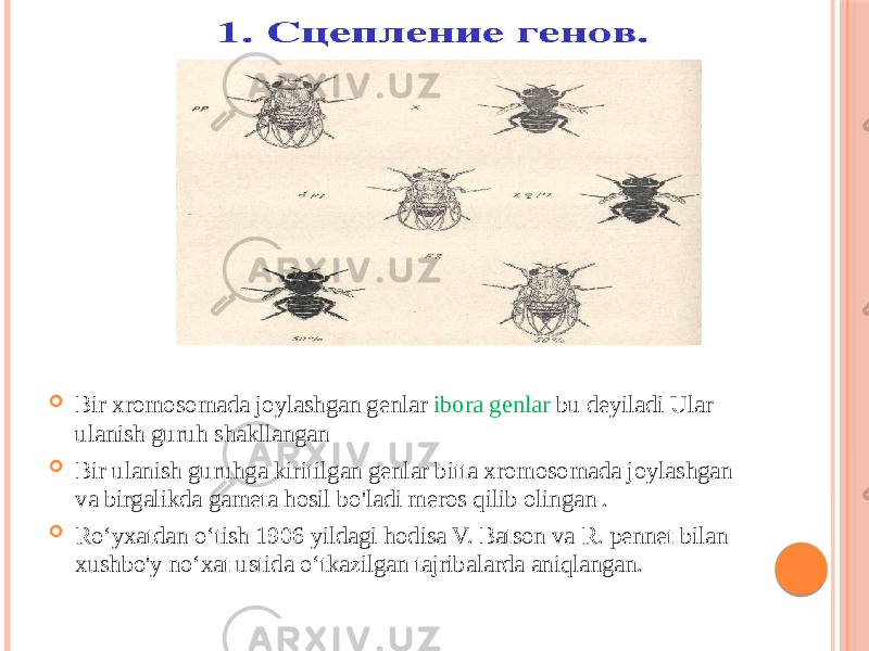  Bir xromosomada joylashgan genlar ibora genlar bu deyiladi Ular ulanish guruh shakllangan  Bir ulanish guruhga kiritilgan genlar bitta xromosomada joylashgan va birgalikda gameta hosil bo&#39;ladi meros qilib olingan .  Roʻyxatdan oʻtish 1906 yildagi hodisa V. Batson va R. pennet bilan xushbo&#39;y no‘xat ustida o‘tkazilgan tajribalarda aniqlangan. 