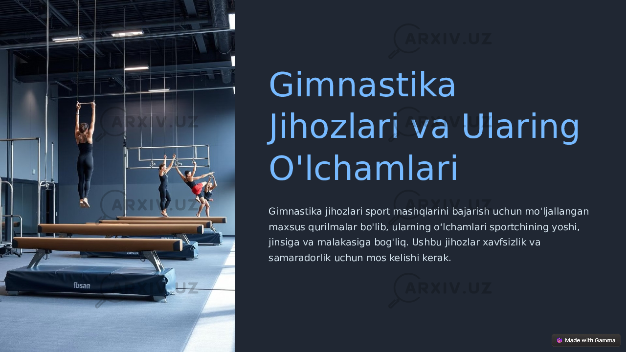 Gimnastika Jihozlari va Ularing O&#39;lchamlari Gimnastika jihozlari sport mashqlarini bajarish uchun mo&#39;ljallangan maxsus qurilmalar bo&#39;lib, ularning oʻlchamlari sportchining yoshi, jinsiga va malakasiga bog&#39;liq. Ushbu jihozlar xavfsizlik va samaradorlik uchun mos kelishi kerak. 