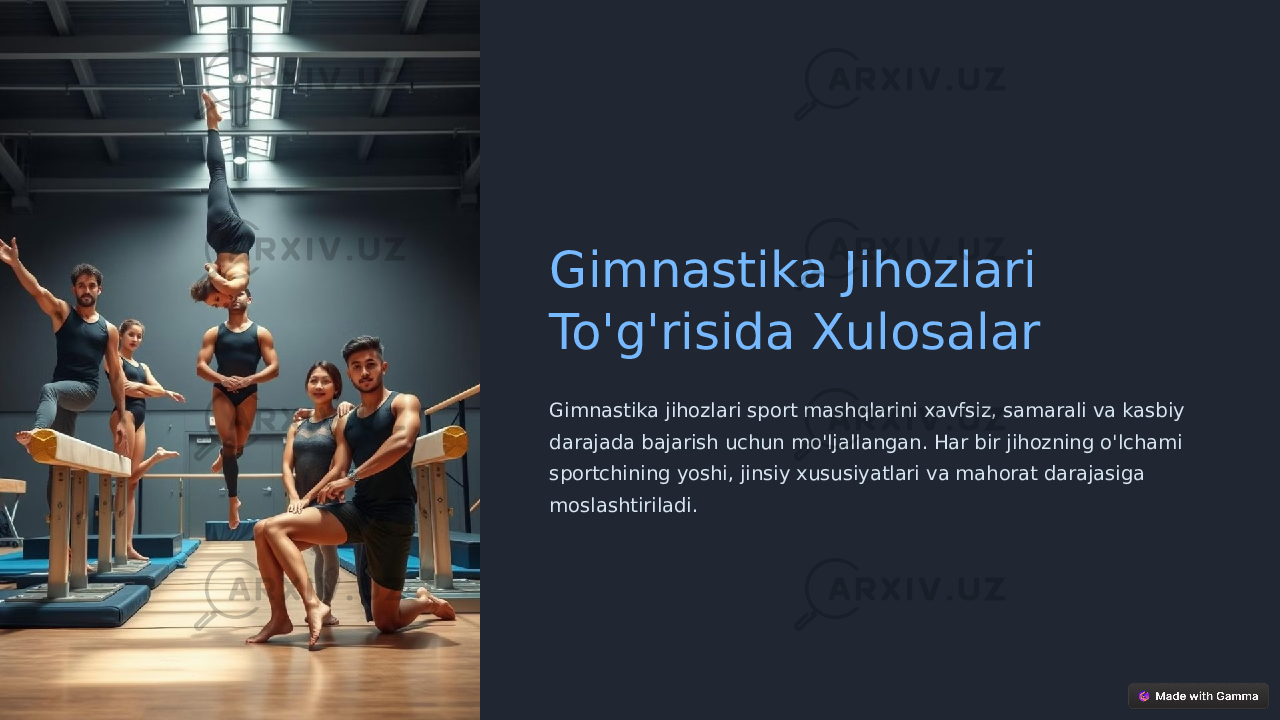 Gimnastika Jihozlari To&#39;g&#39;risida Xulosalar Gimnastika jihozlari sport mashqlarini xavfsiz, samarali va kasbiy darajada bajarish uchun mo&#39;ljallangan. Har bir jihozning o&#39;lchami sportchining yoshi, jinsiy xususiyatlari va mahorat darajasiga moslashtiriladi. 